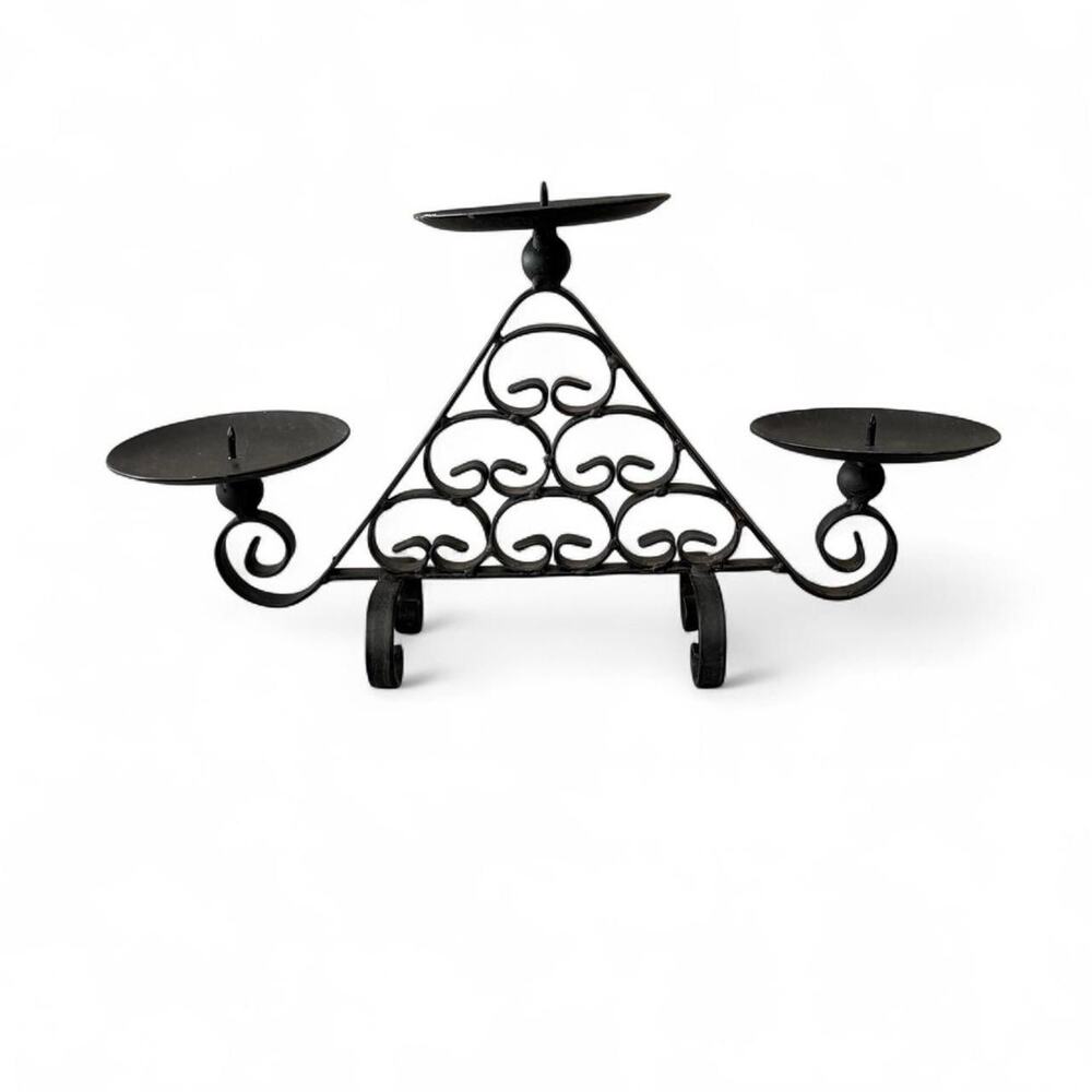 Vintage Black Wrought Iron Triple Candle Holder Scroll Gothic Farmhouse